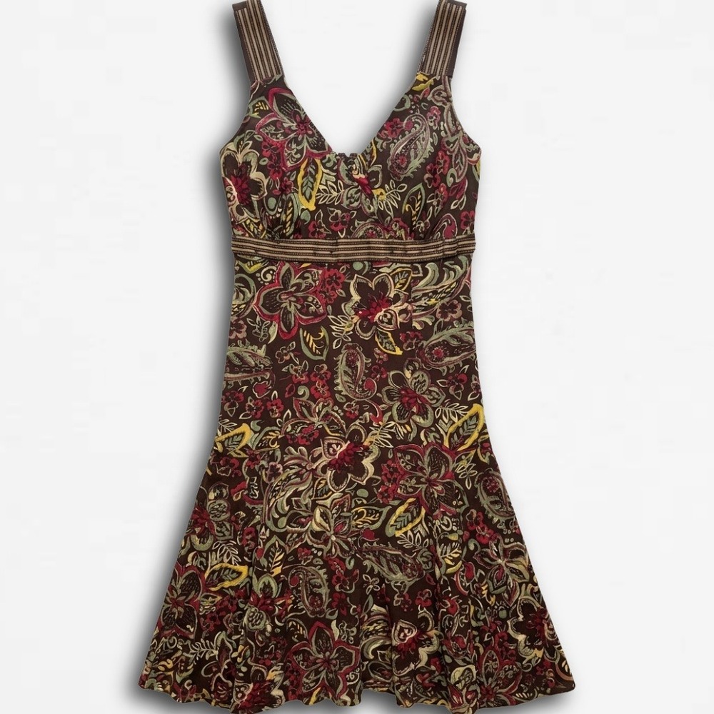 R&K Originals Brown Paisley Floral Midi Dress V-Neck Smocked Back Size 16